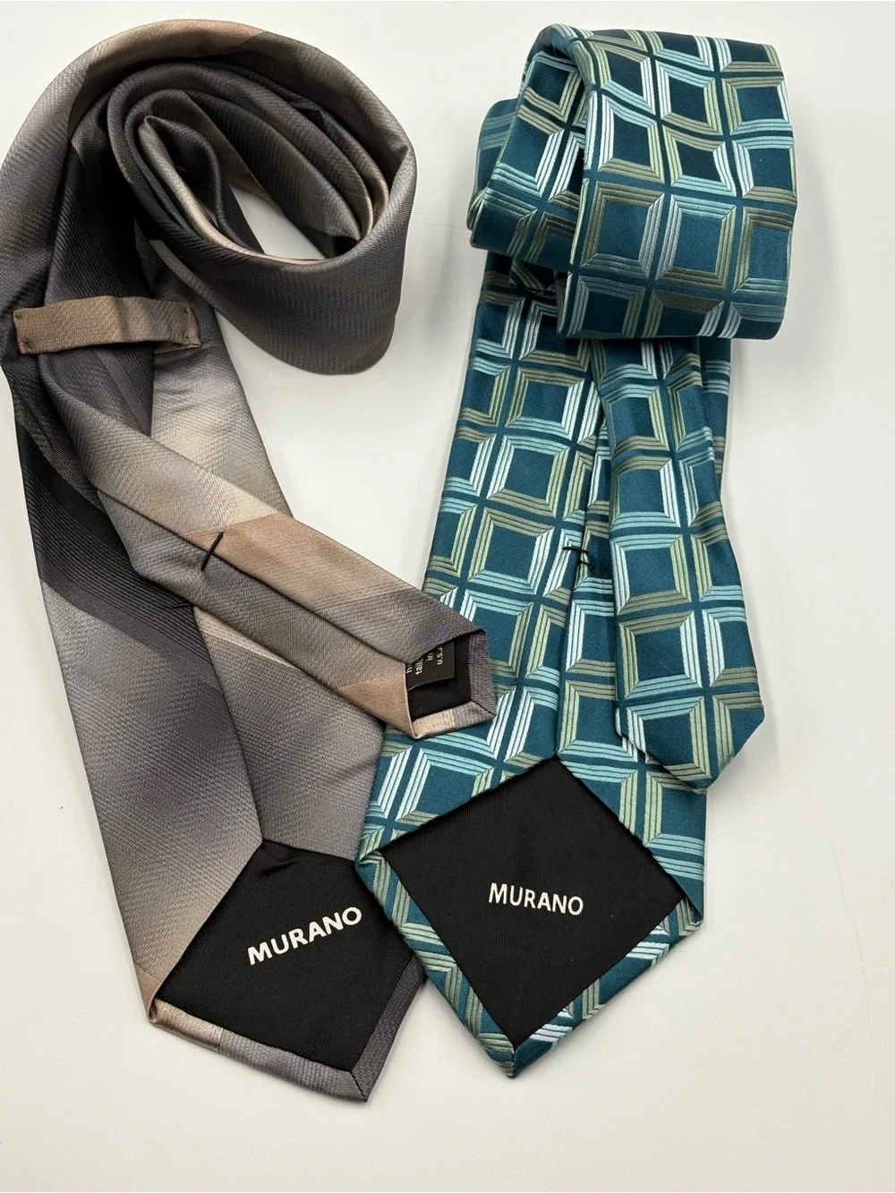 Lot of 2 Murano Men’s Designer Neck Ties Gray Stripe & Blue Geometric